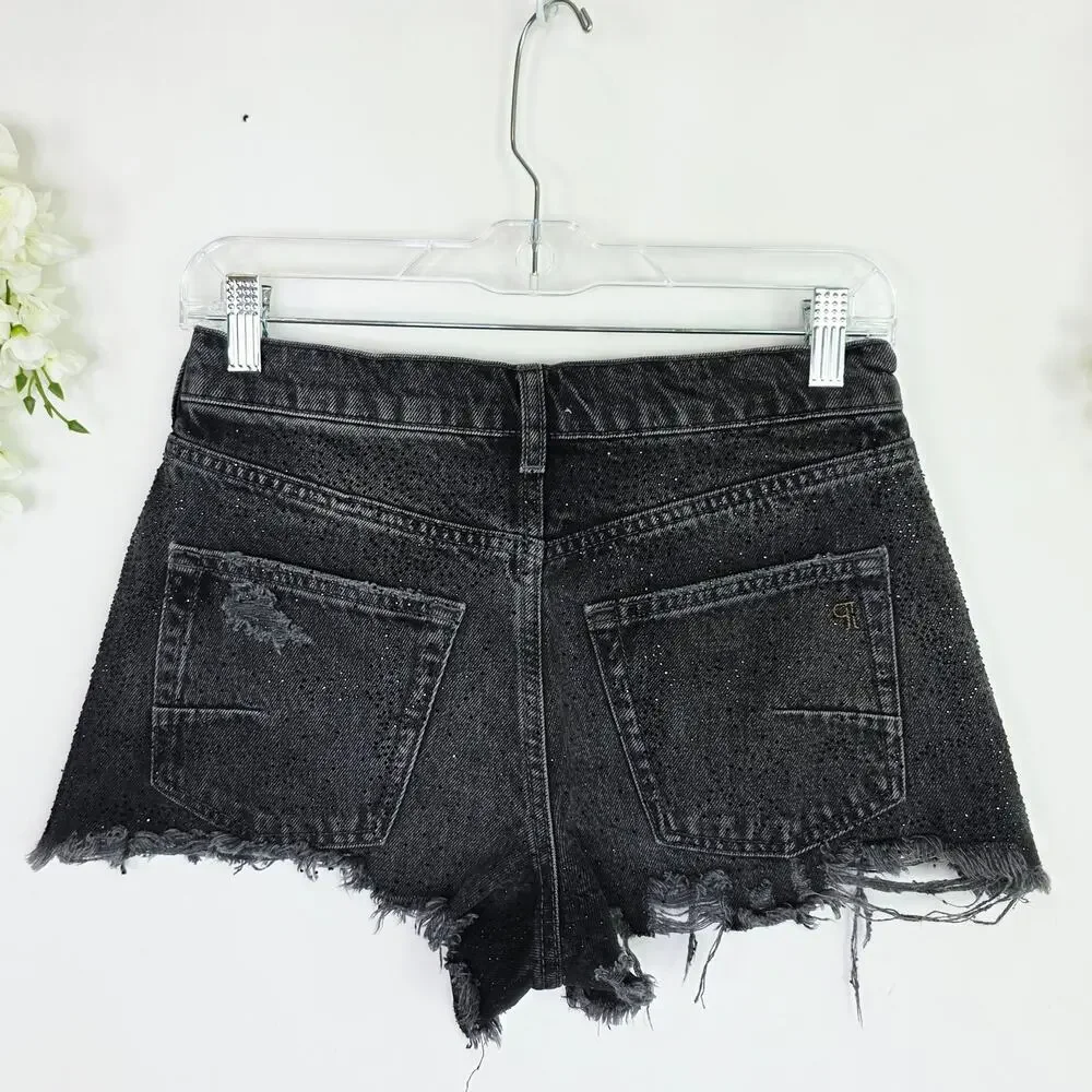 Pilcro Anthropologie Devon Denim Shorts 25 Black Rhinestone Distressed Frayed
